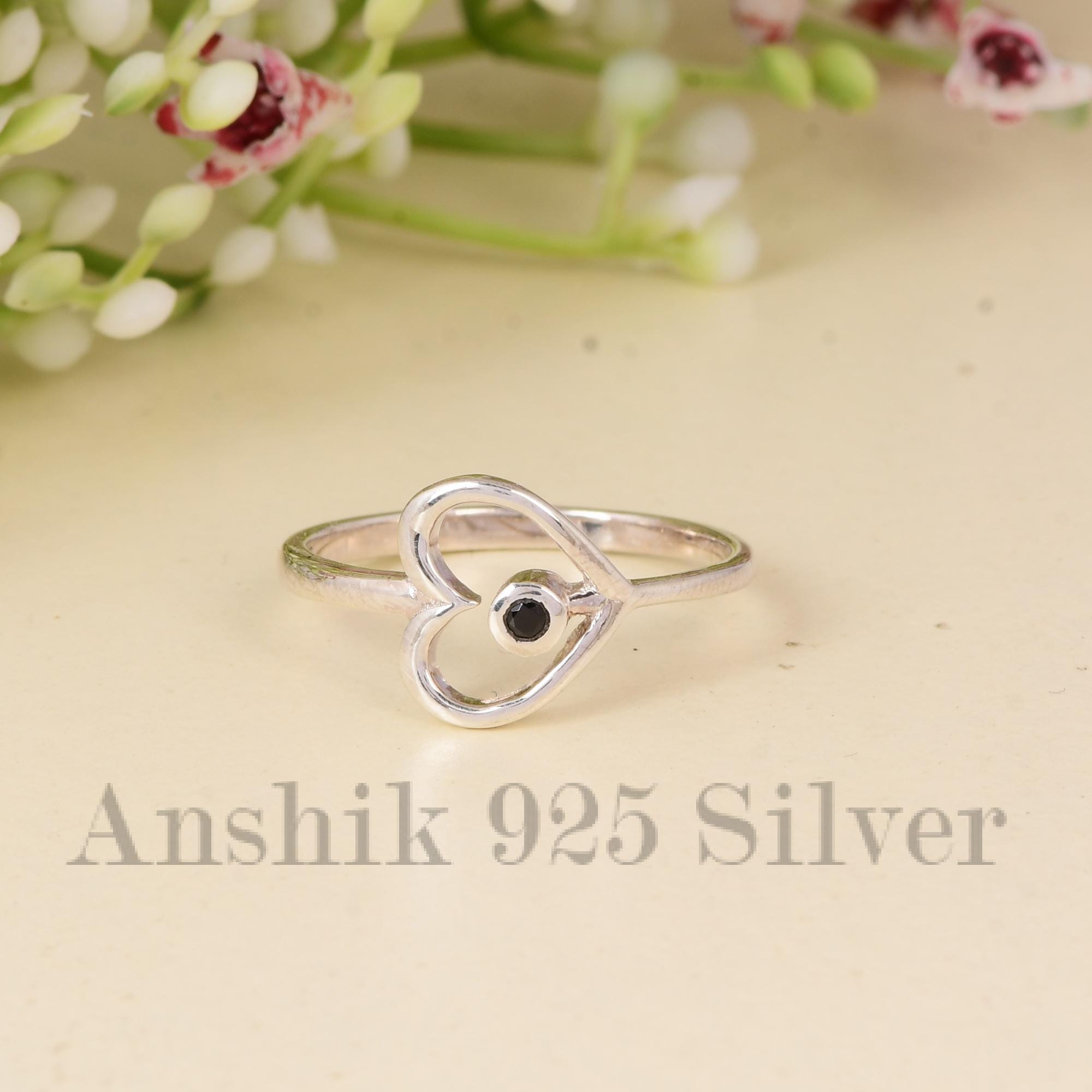 Black Spinel Heart Ring - 925 Sterling Silver Ring - Minimalist