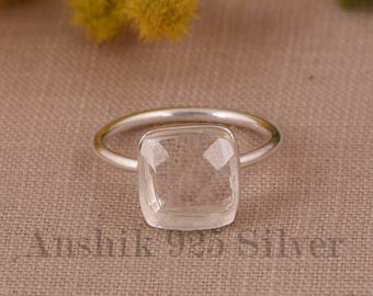 Checker Cut Crystal Quartz Ring, 925 Sterling Silver, Bridesmaid Ring