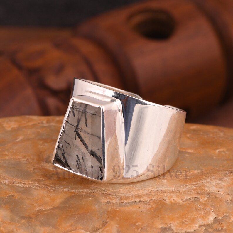 Wide Band Black Rutile Men Women Ring, 925 Sterling Silver Engagement Wedding Ring, Black Rutile Gemstone Ring, Designer Ring Gift For Her. image 9