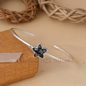 Beautiful Snow Flake Obsidian Bangle, Unique Star Bangle, Designer Cuff 925 Sterling Silver Bracelet, Adjustable Bangle Gift For Anniversary