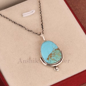 Sparkling Kingman Turquoise Necklace, Oxidized Plated Gemstone Necklace, Blue Chain Necklace, 925 Sterling Silver Jewelry, Anniversary Gift
