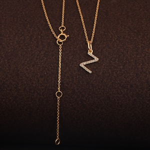 Collar con letra de diamante, colgante de oro puro de 14 quilates con Z, collar minimalista de oro amarillo, collar con inicial del alfabeto, regalo de cumpleaños.