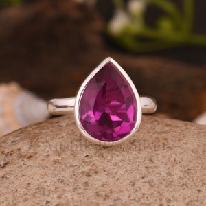 Rubylite Tourmaline Quartz Ring, Bezel Setting Designer Ring, 925 Sterling Silver Ring, Pear Cut Ruby Ring, July Birthstone Ring For Women.