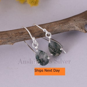 Natürliche Moosachat Ohrringe, Mädchen Ohrringe, 925 Sterling Silber Ohrringe, Baumeln Ohrringe, Pear Cut Prong Set Ohrringe Geschenk für Geburtstag.