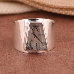 Bague large bande pour homme et femme en rutile noir, bague de fiançailles en argent sterling 925, bague en rutile noir avec pierres précieuses, cadeau bague de créateur pour elle.