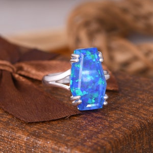 Top Rare Blue Fire Green Opal Coffin Ring, 925 Sterling Silver Green Fire Opal Ring, Unique Coffin Cut Jewelry, Stackable Ring For Birthday.