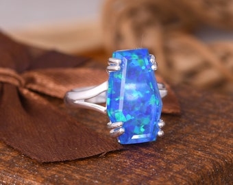 Top Rare Blue Fire Green Opal Coffin Ring, 925 Sterling Silver Green Fire Opal Ring, Unique Coffin Cut Jewelry, Stackable Ring For Birthday.