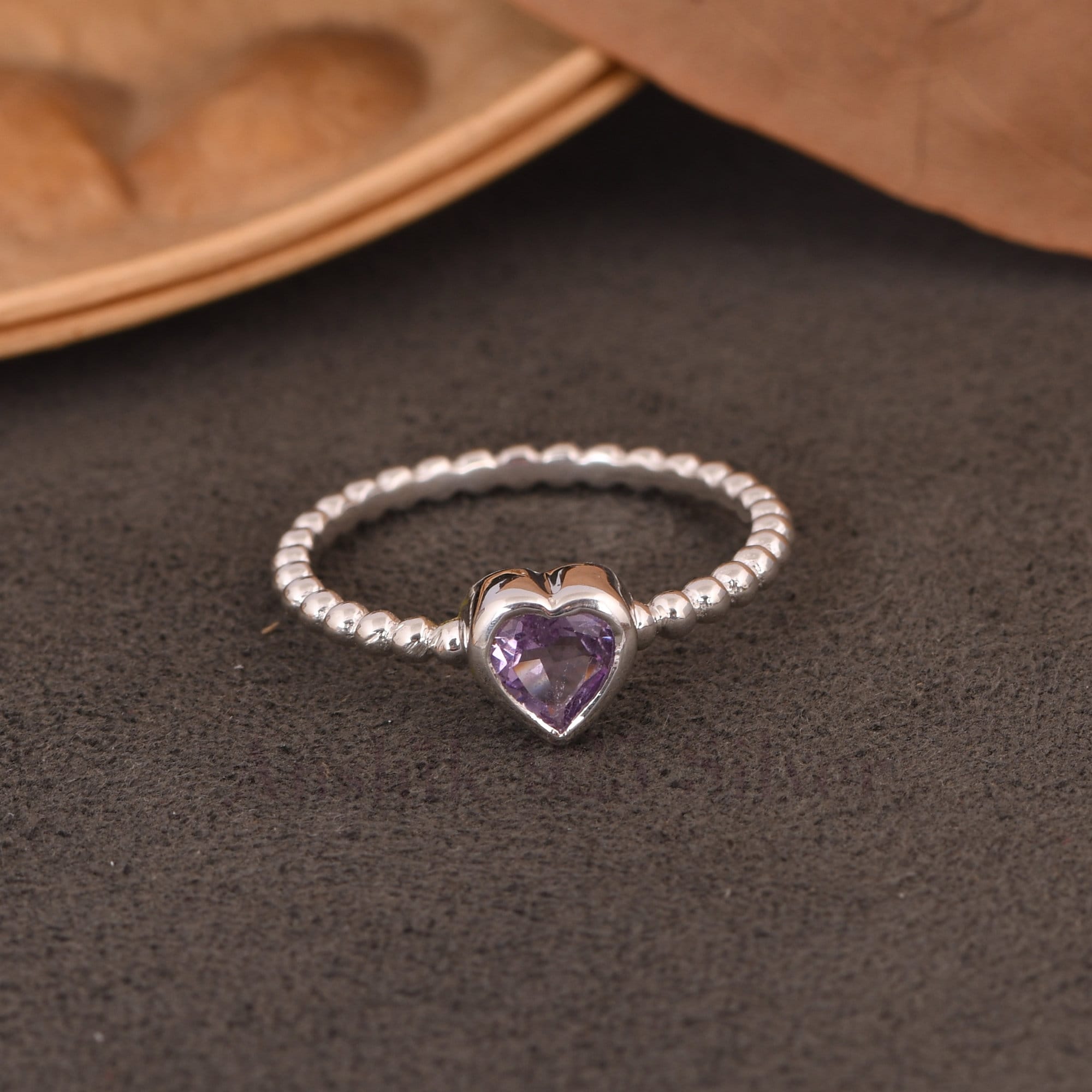 Sterling Silver Heart-Shaped Amethyst Ring - Genuine Purple Gemstone Solitaire Ring For Women - View #8