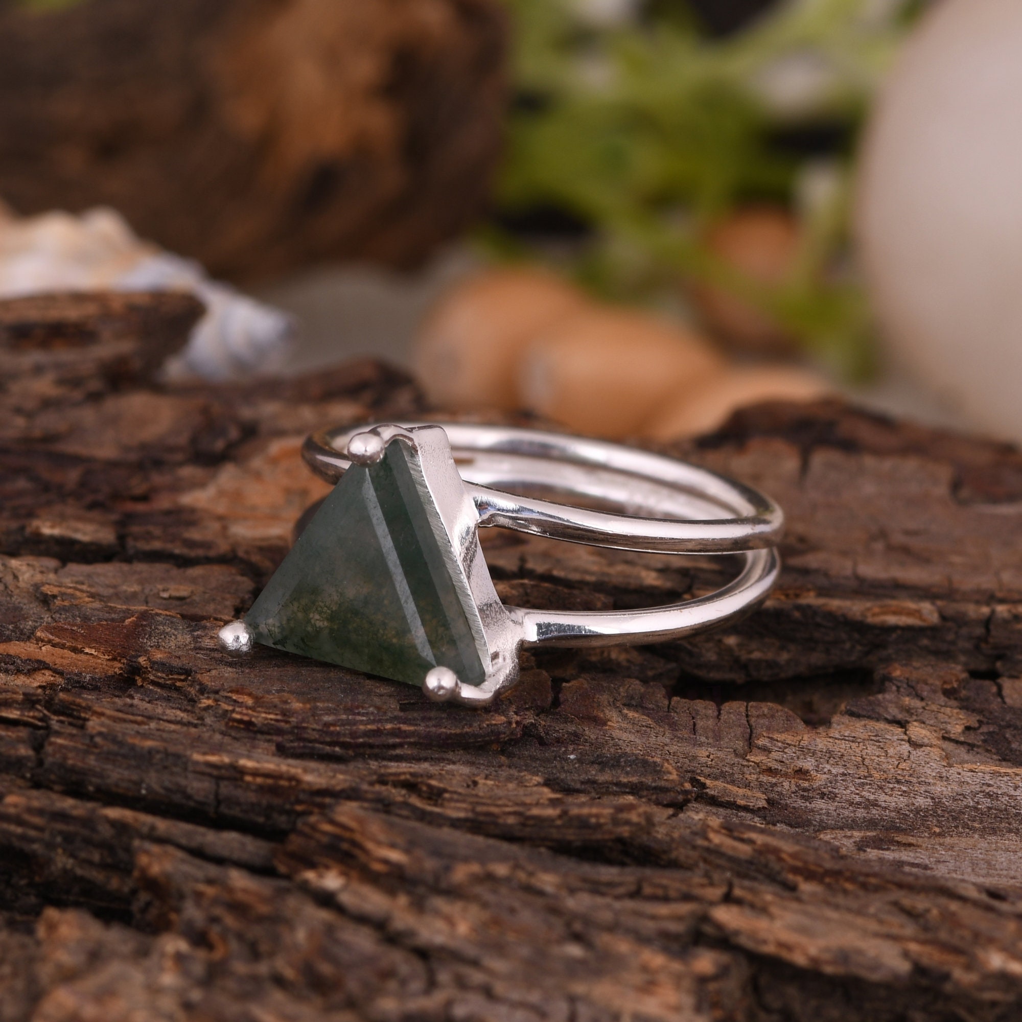 Anello In Argento 925 Solido Con Agata Muschio Naturale Verde E Zirconi - Prestigious Aroma