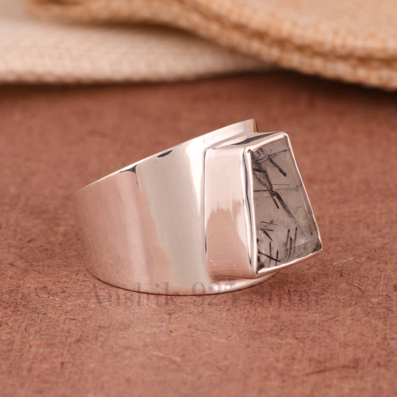 Wide Band Black Rutile Men Women Ring, 925 Sterling Silver Engagement Wedding Ring, Black Rutile Gemstone Ring, Designer Ring Gift For Her. image 2