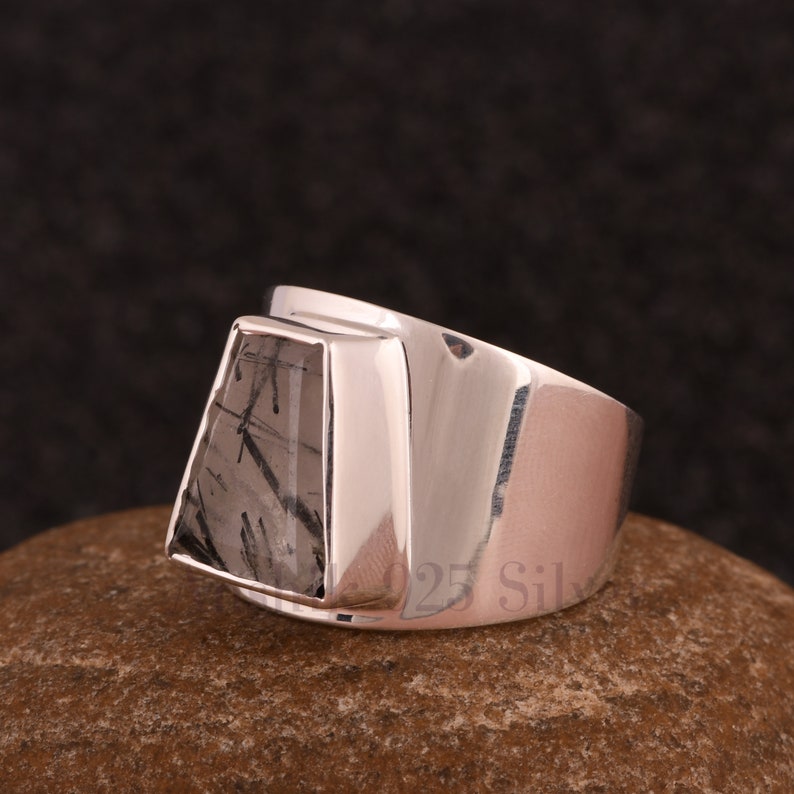 Wide Band Black Rutile Men Women Ring, 925 Sterling Silver Engagement Wedding Ring, Black Rutile Gemstone Ring, Designer Ring Gift For Her. image 8