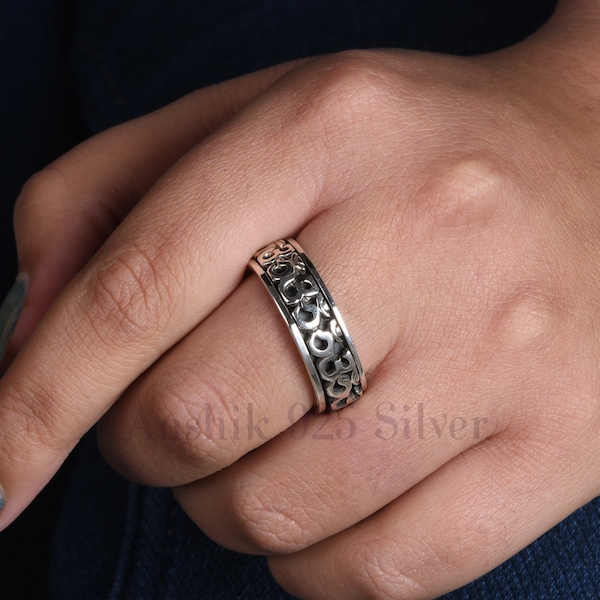 Om Spinner Ring - Sterling Silber 925 Ohm AUM Unisex Band - Spinner Harmonie Anti Stress Fidget Meditation Kinetik - Daumen Ring für Sie.