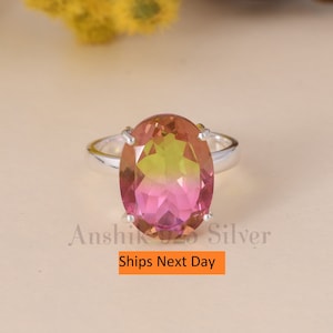 Watermelon Tourmaline Ring, 925 Sterling Silver Ring, Tourmaline doublet Quartz Silver Ring Oval Watermelon Tourmaline Bio Color Stone Ring.