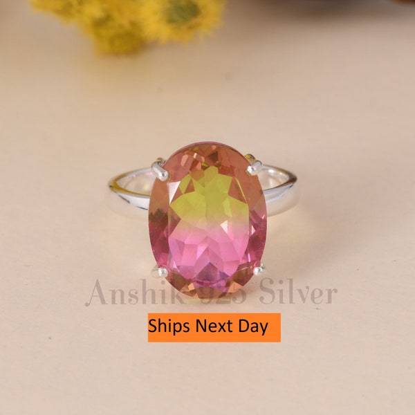 Watermelon Tourmaline Ring, 925 Sterling Silver Ring, Tourmaline doublet Quartz Silver Ring Oval Watermelon Tourmaline Bio Color Stone Ring.