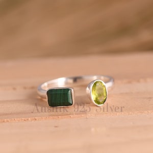 Malachite & Peridot Gemstone Ring - Two Gemstone Ring - Designer Ring - 925 Sterling Silver Ring - Adjustable Ring - Minimalist Ring For Her