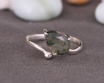 Natural Moss Agate Open Silver Ring, 925 Sterling Silver Handmade Ring, Moss Agate prong Set gemstone Adjustable Ring, Gift For Anniversary.