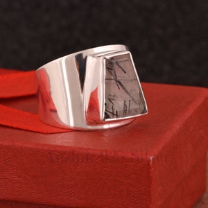Wide Band Black Rutile Men Women Ring, 925 Sterling Silver Engagement Wedding Ring, Black Rutile Gemstone Ring, Designer Ring Gift For Her. image 7