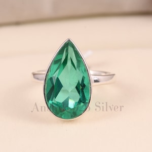 Colombian Emerald Engagement Ring, Large Gemstone Ring, Pear Cut Emerald Ring, 925 Sterling Silver Ring, Prong Set Ring  For Women.