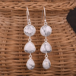 Howlite Earrings, 925 Silver, Long Earrings, Dangle Earrings, Three Stone Earrings, Buffalo Stone Earrings, White Turquoise Earrings For Her