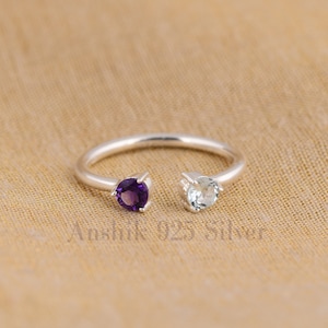 Amethyst & Aquamarine Prong Set Ring - 925 Sterling Silver Adjustable Ring - Two Beautiful Minimalist Gemstone Ring - Gift For Anniversary.