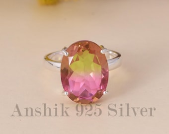 Watermelon Tourmaline Ring, 925 Sterling Silver Ring, Tourmaline doublet Quartz Silver Ring Oval Watermelon Tourmaline Bio Color Stone Ring.