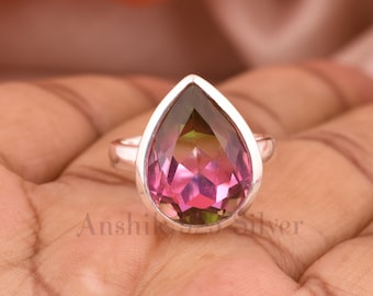 Watermelon Tourmaline Ring, 925 Sterling Silver Ring, Tourmaline doublet Quartz Silver Ring Pear Watermelon Tourmaline Bio Color Stone Ring.