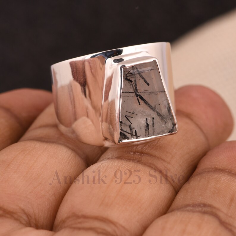 Wide Band Black Rutile Men Women Ring, 925 Sterling Silver Engagement Wedding Ring, Black Rutile Gemstone Ring, Designer Ring Gift For Her. image 4