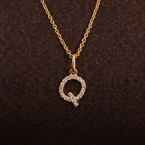 Collar con inicial Q de oro de 14 quilates, colgante con dije de diamante, colgante con letra del alfabeto, collar de oro amarillo macizo hecho a mano, regalo para boda.