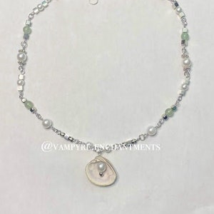 handmade seashell necklace !! silver pearls and green aventurine beaded necklace with real seashell pendant!
