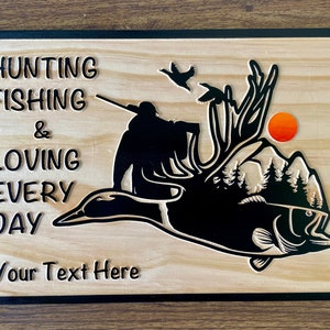 Carved Wood Hunting Fishing Sign, Custom Personalized Hunting Fishing Gift Wall Art, Outdoors Deer Duck Fish Bass Gift for Men Him Her