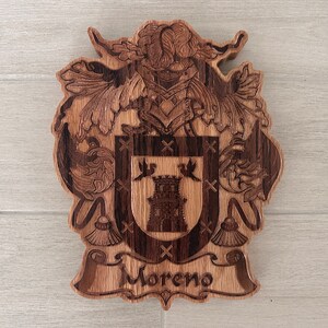 Personalized Family Crest Last Name Sign - Carved Wood Coat of Arms - Anniversary Wedding Valentines Housewarming Birthday Gift