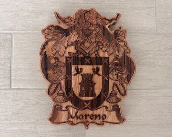 Personalized Family Crest Last Name Sign - Carved Wood Coat of Arms - Anniversary Wedding Valentines Housewarming Birthday Gift