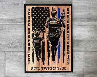 Carved Wood Deputy Sheriff Sign, Dad American Flag Thin Blue Line, Personalized Law Enforcement Fathers Day Graduation Retirement Gift