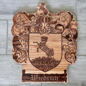 Personalized Family Crest Last Name Sign - Carved Wood Coat of Arms - Anniversary Wedding Valentines Housewarming Birthday Gift