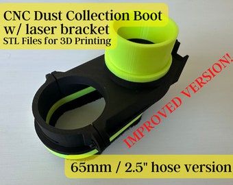 CNC Dust Boot with Laser MS6525L Digital STL Files, 65mm Body 2.5in Hose, 3D Printed CNC Dust Shoe for Dust Extraction during Carving