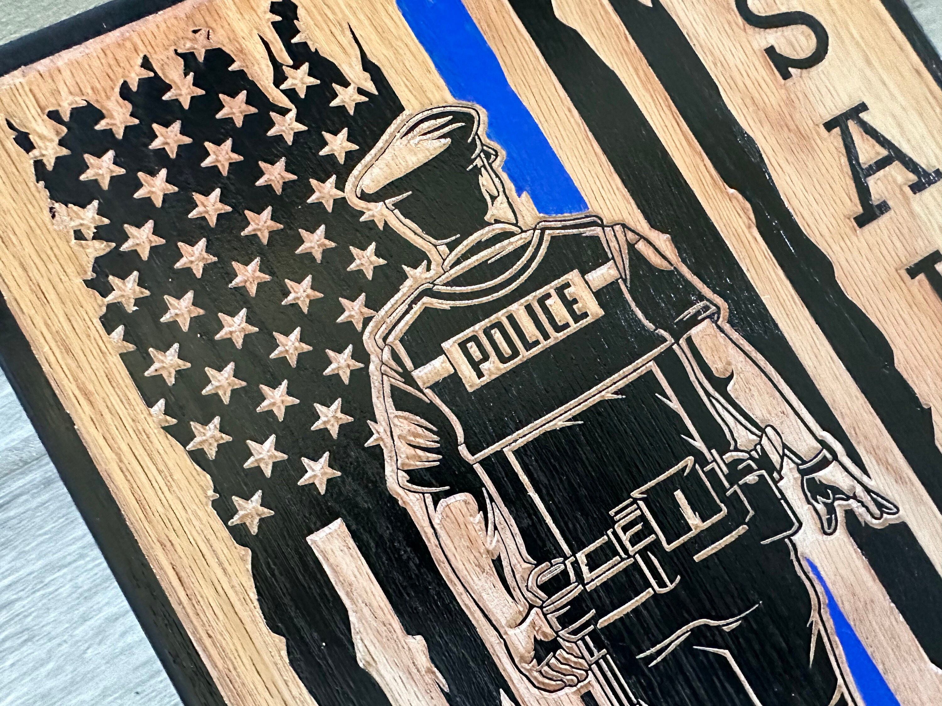 Carved Wood Police Officer Sign, Male American Flag Thin Blue Line ...