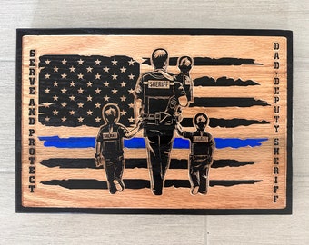 Carved Wood Police Officer Sign, Dad American Flag Thin Blue Line, Personalized Law Enforcement Fathers Day Graduation Retirement Gift