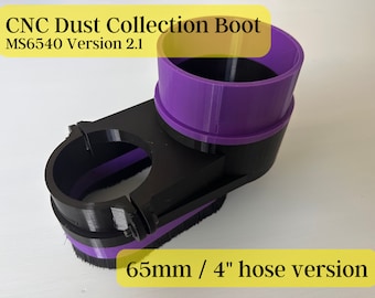 May include: A black and purple CNC dust collection boot with a 4-inch hose connection. The boot is labeled "MS6540 Version 2.1" and "65mm / 4" hose version".