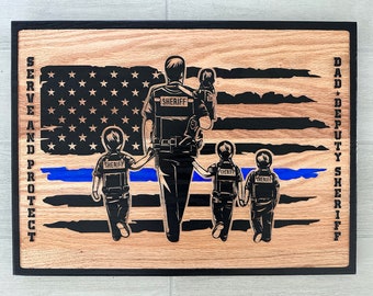 Carved Wood Police Officer Sign, Dad American Flag Thin Blue Line, Personalized Law Enforcement Fathers Day Graduation Retirement Gift
