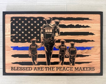 Carved Wood Police Officer Sign, Dad American Flag Thin Blue Line, Personalized Law Enforcement Fathers Day Graduation Retirement Gift