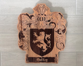Personalized Family Crest Last Name Sign - Carved Wood Coat of Arms - Anniversary Wedding Valentines Housewarming Birthday Gift