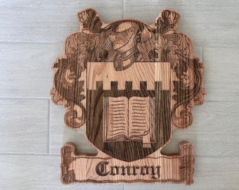 Personalized Family Crest Last Name Sign - Carved Wood Coat of Arms - Anniversary Wedding Valentines Housewarming Birthday Gift