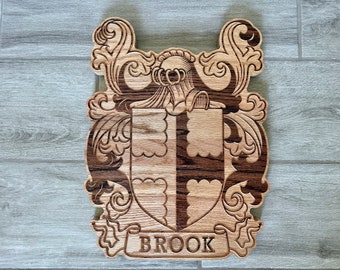 Personalized Family Crest Last Name Sign - Carved Wood Coat of Arms - Anniversary Wedding Valentines Housewarming Birthday Gift