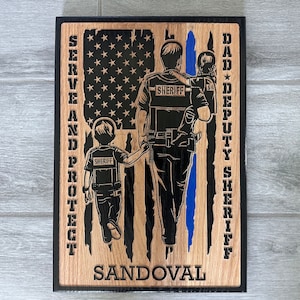 Carved Wood Deputy Sheriff Sign, Dad American Flag Thin Blue Line, Personalized Law Enforcement Fathers Day Graduation Retirement Gift
