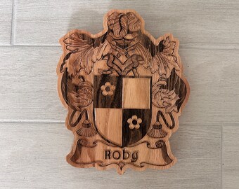 Personalized Family Crest Last Name Sign - Carved Wood Coat of Arms - Anniversary Wedding Valentines Housewarming Birthday Gift