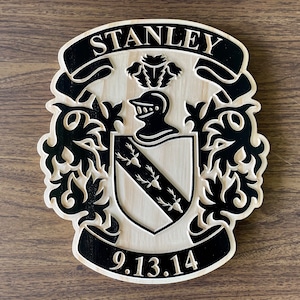 Personalized Family Crest Last Name Sign - Carved Wood Coat of Arms - Anniversary Wedding Valentines Housewarming Birthday Gift