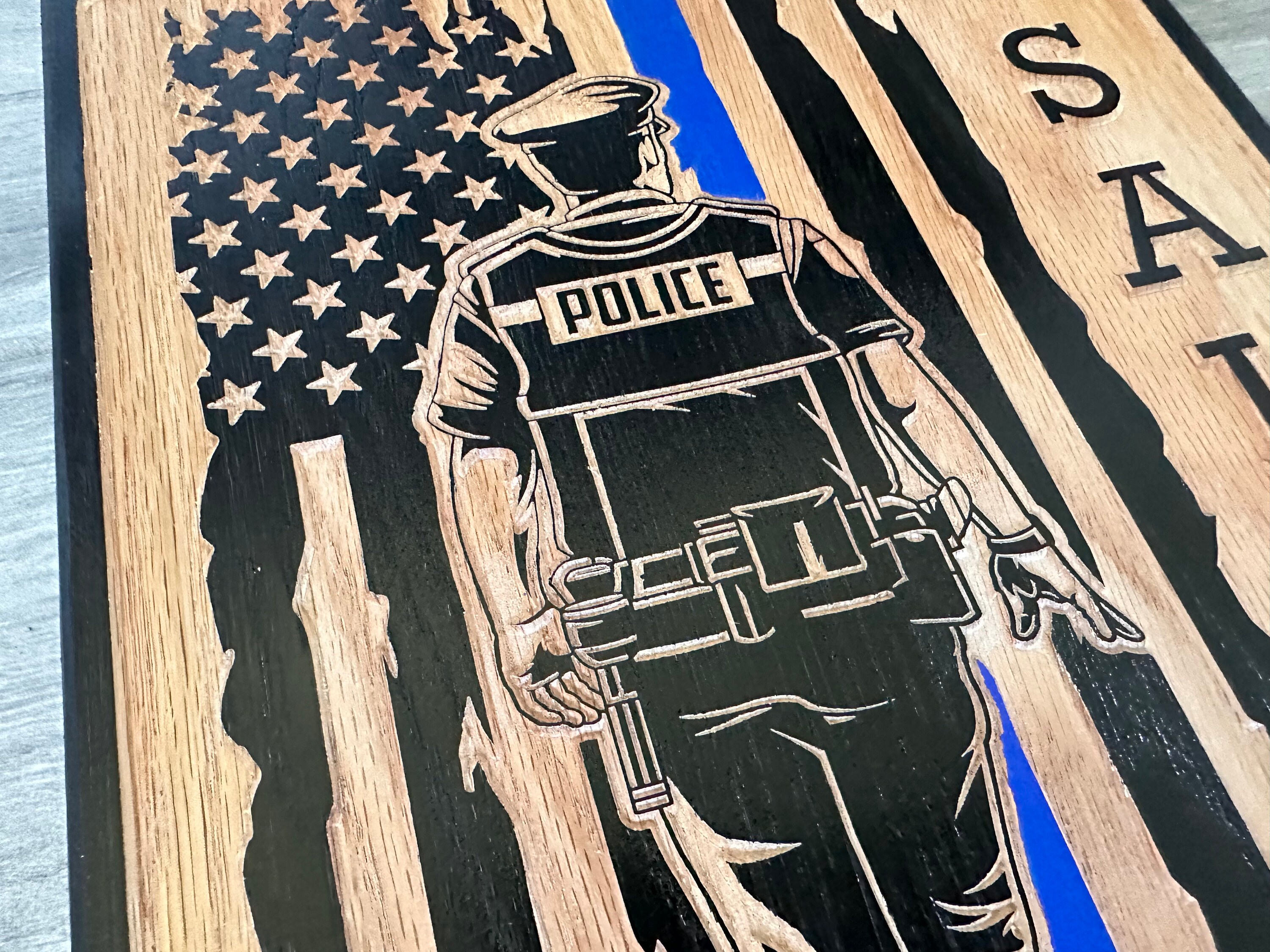 Carved Wood Police Officer Sign, Male American Flag Thin Blue Line ...