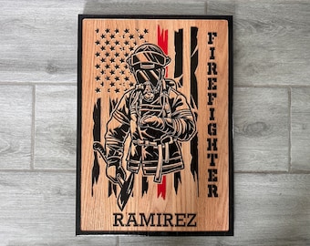 Carved Wood Firefighter Sign, American Flag Thin Red Line, Personalized Fireman Fire Service First Responder Graduation Retirement Gift
