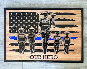 Carved Wood Police Officer Sign, Dad American Flag Thin Blue Line, Personalized Law Enforcement Fathers Day Graduation Retirement Gift
