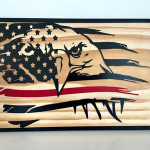 Segno di bandiera americana degli Stati Uniti dell&#39;Aquila di legno intagliato, linea rossa sottile, vigile del fuoco servizio antincendio primo risponditore della polizia regalo di pensionamento di anniversario